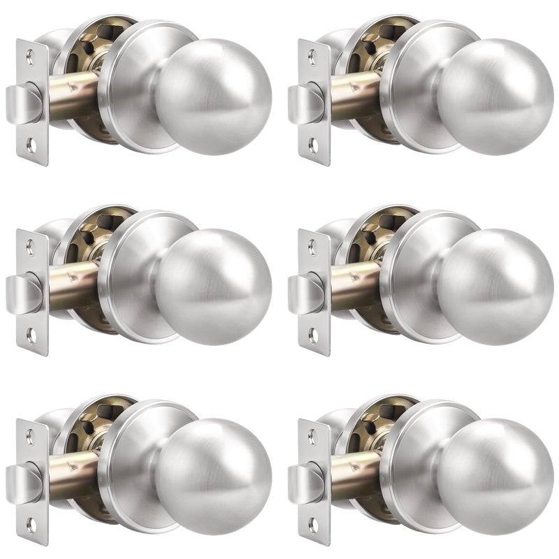 Probrico(6 Pack Hall/Closet Room Round Door Knob,Passage Function for Hall/Closet,Interior Door Door Lock Handle Satin Nickel Finish, Keyless(Non-Locking Knobs) Interior Door Handles Locks - Image 1